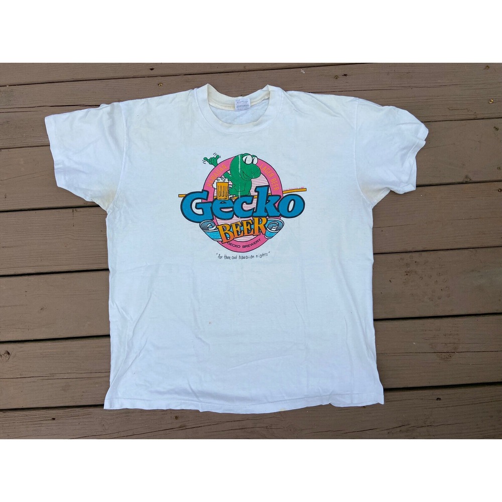 Vintage 1987 Gecko Hawaiian Lager Beer Distressed Surf Neon T‎ Shirt Brewery XL